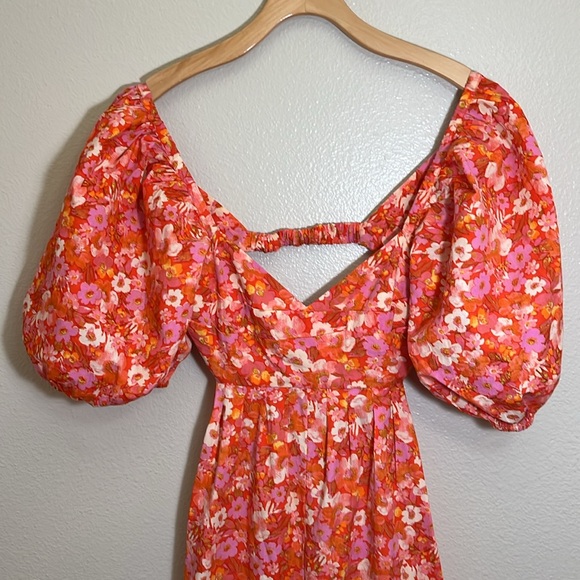 NWT Free People Amy Red Pink Floral Puff Sleeve Open Back Romper Jumpsuit - Picture 3 of 15